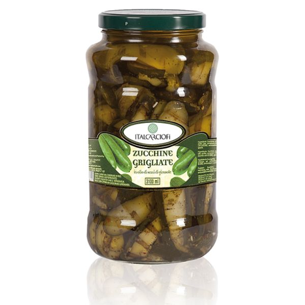 ITALCARCIOFI GRILLED ZUCCHINI IN OIL 3100 ML X 4 GLASS JAR
NW. 2900 GR